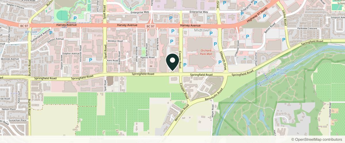Map showing the exact location of Healthpoint Cosmetic + Laser Skincare Clinic at 2080B Springfield Rd, Kelowna, BC V1Y 9N7, Canada