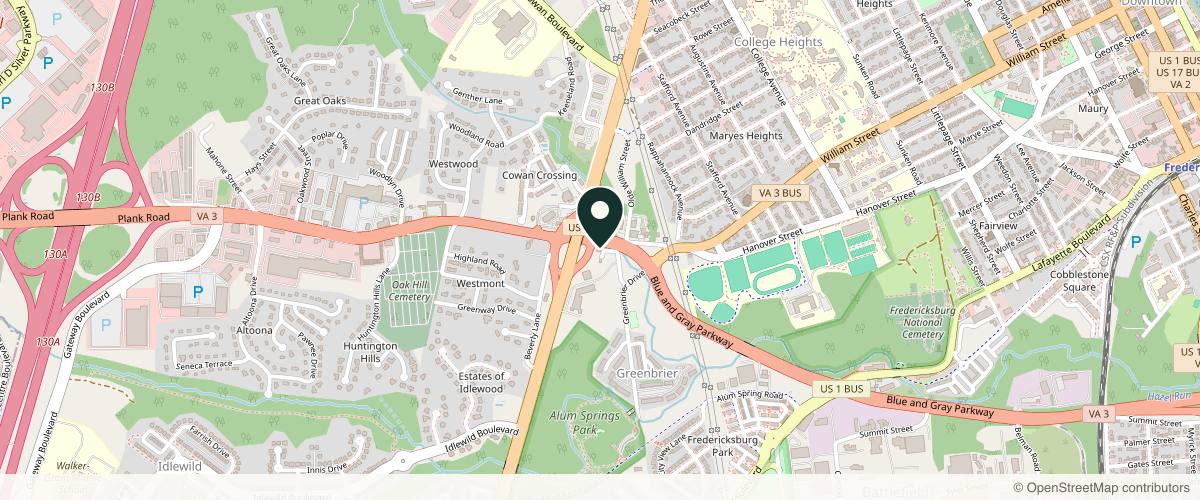 Map showing the exact location of Healthy Beginnings Wellness & Esthetics Center at 1185 Armory Dr Suite 200, Fredericksburg, VA 22401, USA
