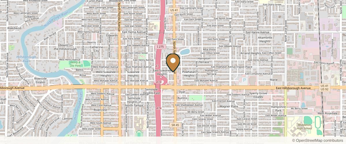 Map showing the exact location of Heightened Aesthetics in Seminole Heights (Tampa) and Lakewood Ranch at 5606 N Nebraska Ave Ste B, Tampa, FL 33604, USA