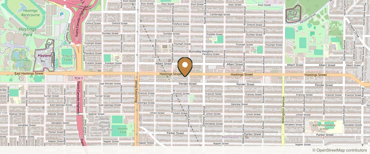 Map showing the exact location of Heights Laser Centre at 3992 Hastings St, Burnaby, BC V5C 6C1, Canada