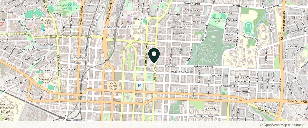 Map showing the exact location of Hello Beautiful Boutique Medspa at 407 N Person St, Raleigh, NC 27601, USA