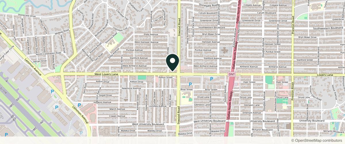 Map showing the exact location of Highland Park Aesthetics at 5213 W Lovers Ln, Dallas, TX 75209, USA