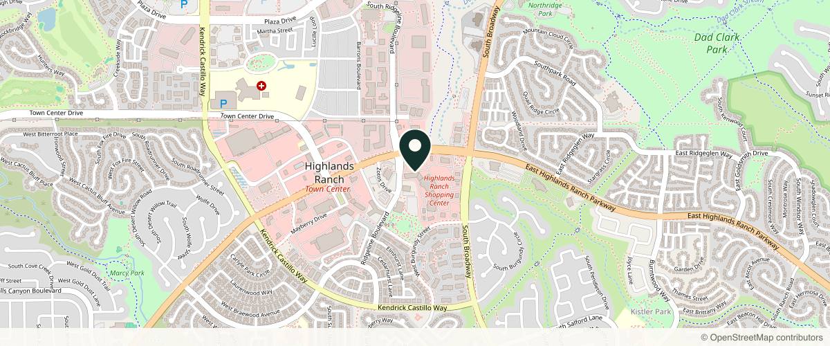 Map showing the exact location of Highlands Spa at 9245 S Broadway #150, Highlands Ranch, CO 80129, USA