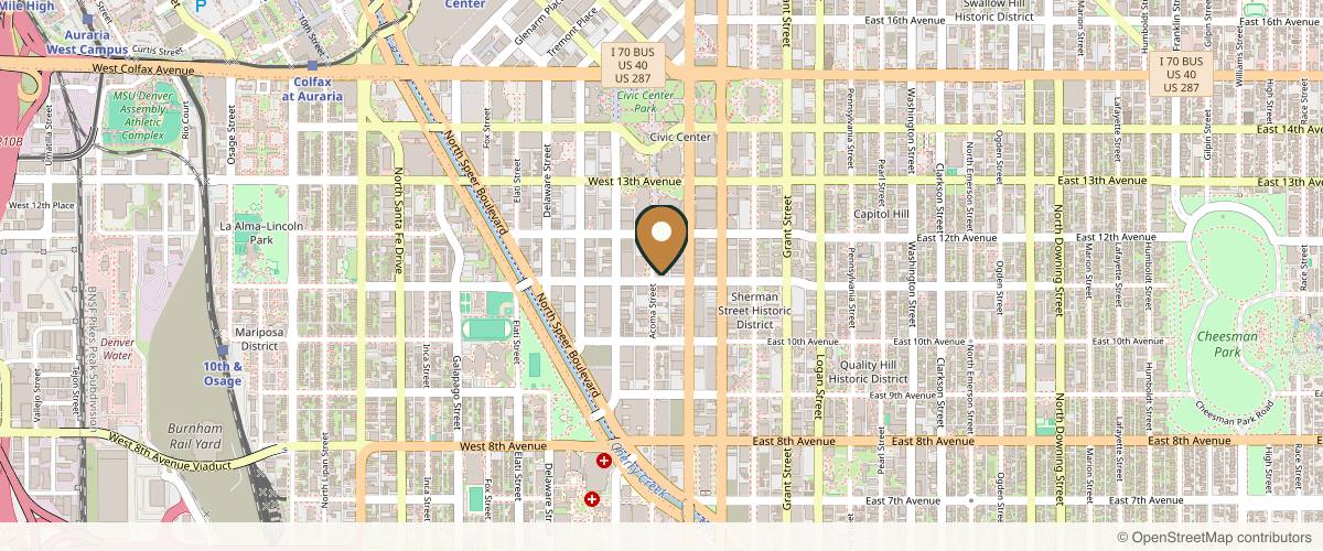 Map showing the exact location of Highline Aesthetics Denver at 39 W 11th Ave, Denver, CO 80204, USA