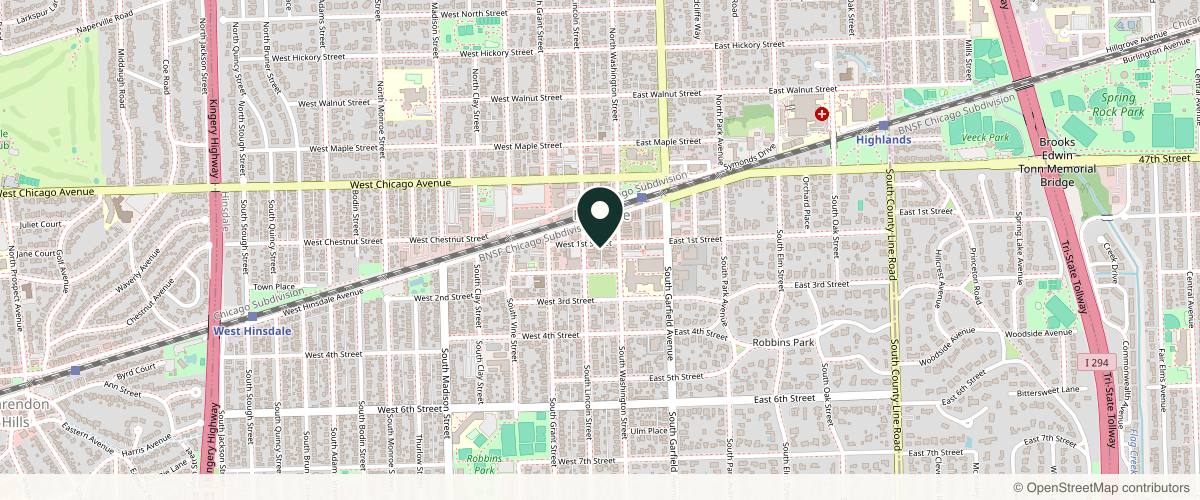 Map showing the exact location of Hinsdale Vein and Laser at 18 W 1st St, Hinsdale, IL 60521, USA