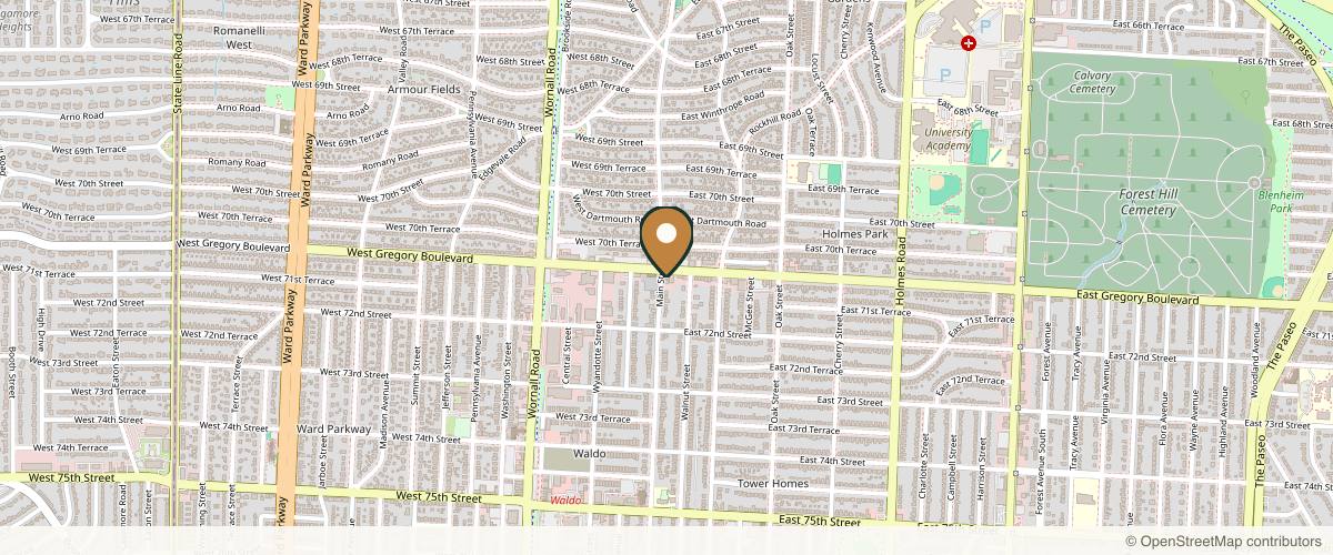 Map showing the exact location of Hollyday Med Spa + Aesthetics at 1 E Gregory Blvd, Kansas City, MO 64114, USA