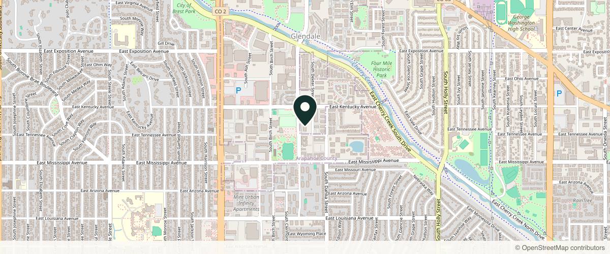Map showing the exact location of Hourglass Medical Aesthetics at 950 S Cherry St #1210, Denver, CO 80246, USA