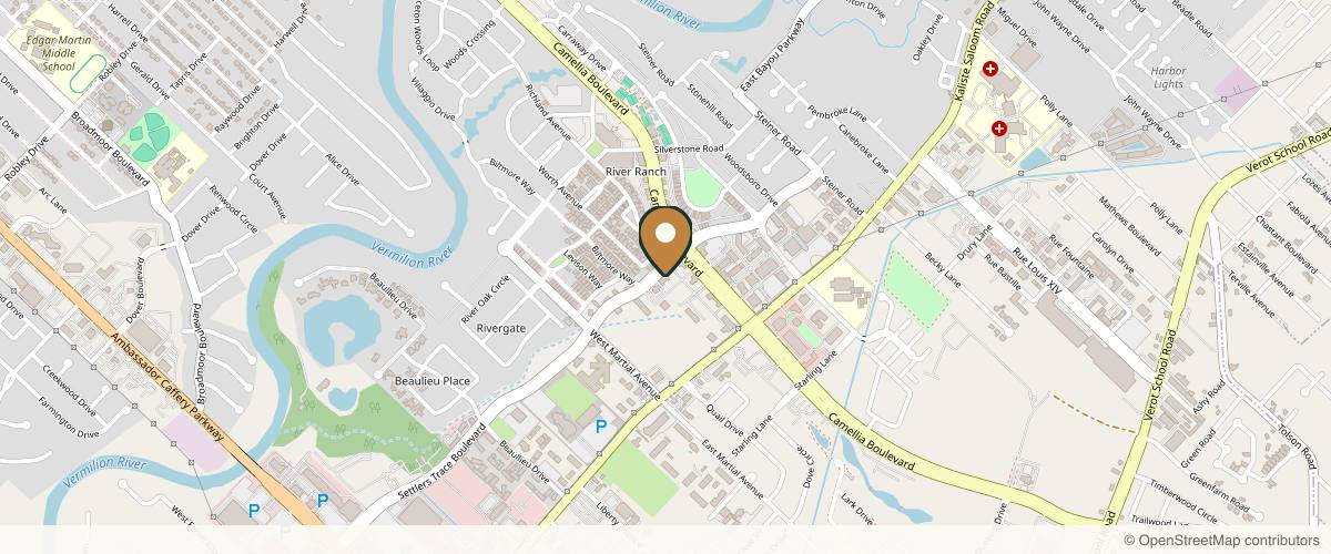 Map showing the exact location of Hubbell Dermatology & Aesthetics at 309 Settlers Trace Blvd Ste 100, Lafayette, LA 70508, USA