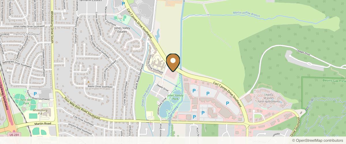 Map showing the exact location of Huntsville Plastic Surgery at 2620 Carl T Jones Dr SE Ste B, Huntsville, AL 35802, USA