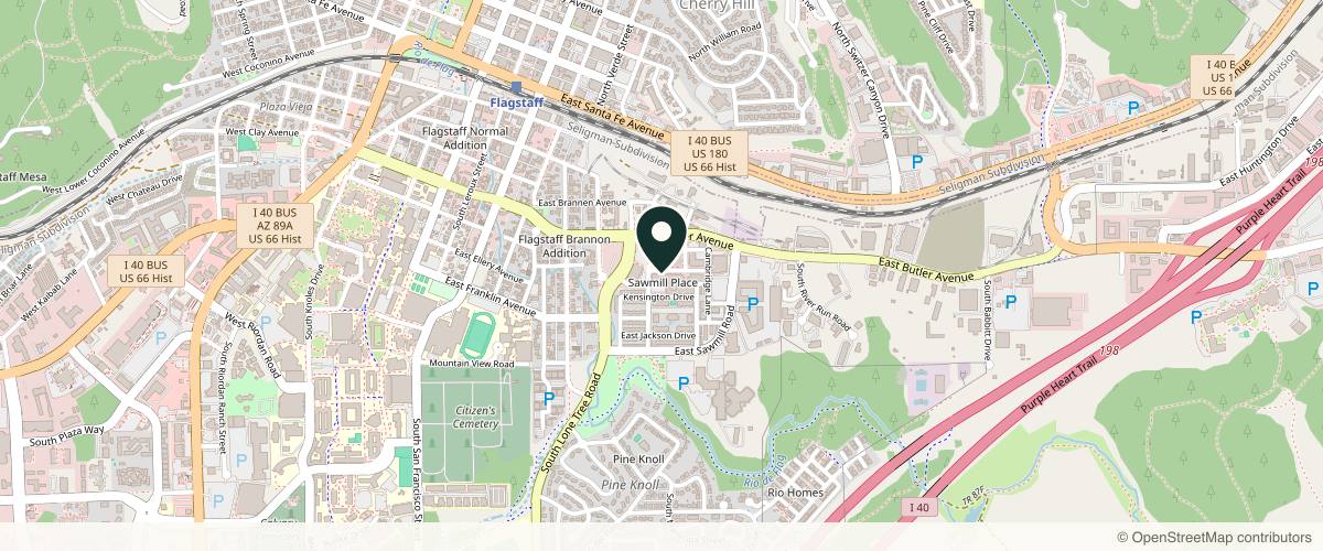 Map showing the exact location of Hydrate IV Bar at 601 Piccadilly Dr #20, Flagstaff, AZ 86001, USA