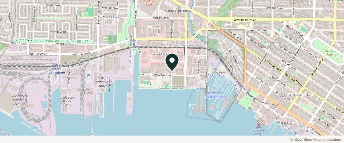 Map showing the exact location of I CARE BEAUTY CLINIC at 850 Harbourside Dr #100, North Vancouver, BC V7P 0A3, Canada