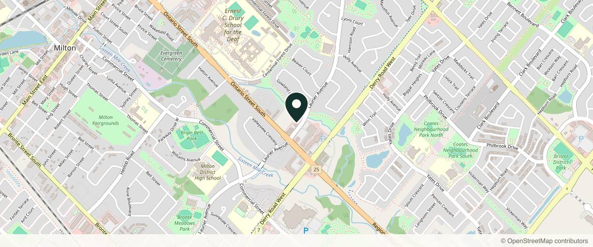 Map showing the exact location of Illustria Medical Aesthetics - by Dr. Leonora Ogbeide MD at 497 Laurier Ave #4, Milton, ON L9T 3K8, Canada