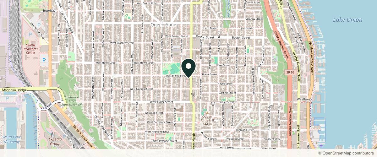 Map showing the exact location of Immanence Health: Aesthetics (Formerly Bella Fiore) at 1629 Queen Anne Ave N Unit 104, Seattle, WA 98109, USA