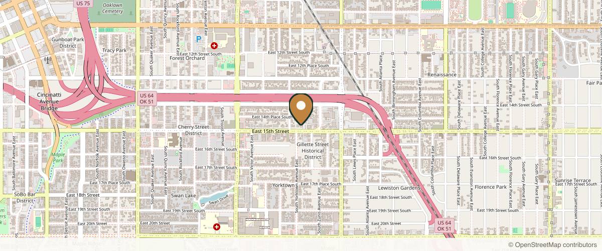 Map showing the exact location of Inject Aesthetics and Wellness at 2107 E 15th St, Tulsa, OK 74104, USA