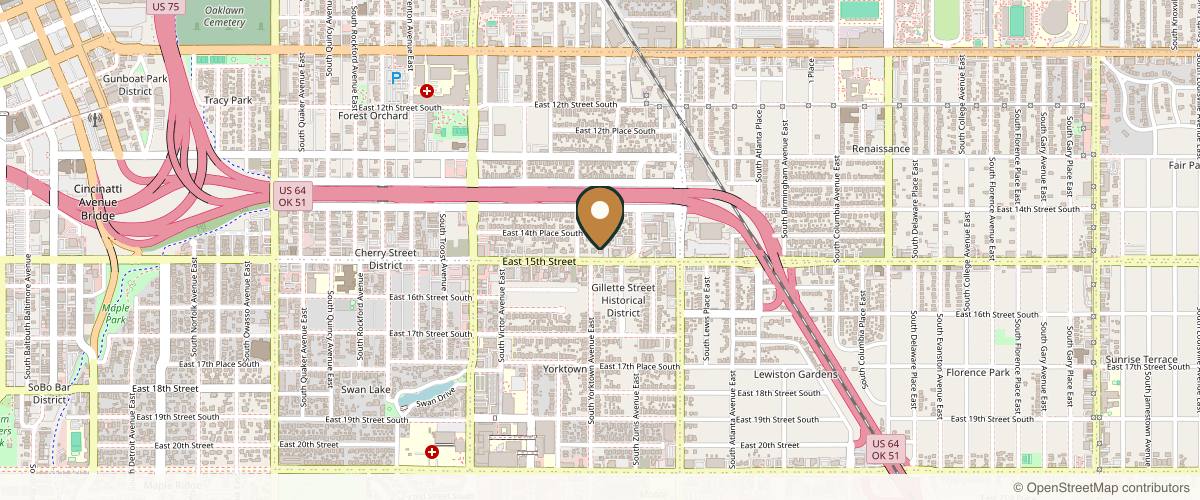 Map showing the exact location of Inject Aesthetics and Wellness at 2107 E 15th St, Tulsa, OK 74104, USA
