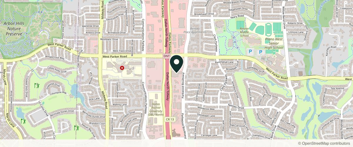 Map showing the exact location of InjectCo MedSpa Plano at Inside of Phenix Suites of Willow Bend, 5964 W Parker Rd Ste 107, Plano, TX 75093, USA