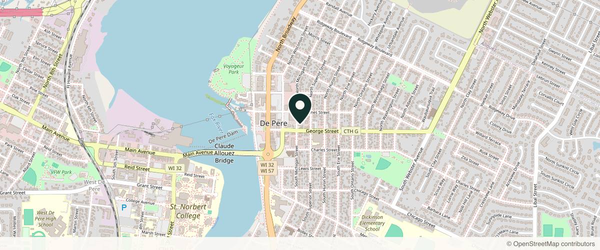 Map showing the exact location of Injector Boutique at 108 N Michigan St, De Pere, WI 54115, USA