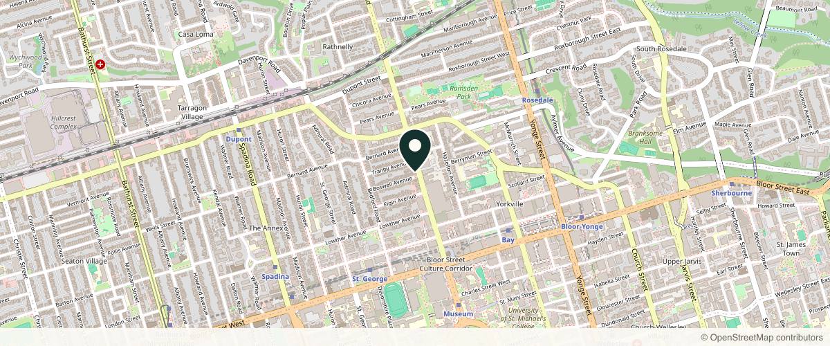 Map showing the exact location of Injex Yorkville at 98 Avenue Rd, Toronto, ON M5R 2H3, Canada