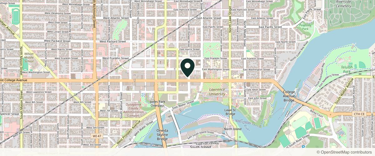 Map showing the exact location of Inspire Spa at 232 E College Ave, Appleton, WI 54911, USA