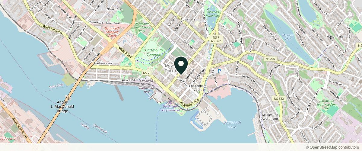 Map showing the exact location of Interlude Spa Dartmouth at 58 Ochterloney St, Dartmouth, NS B2Y 1C2, Canada
