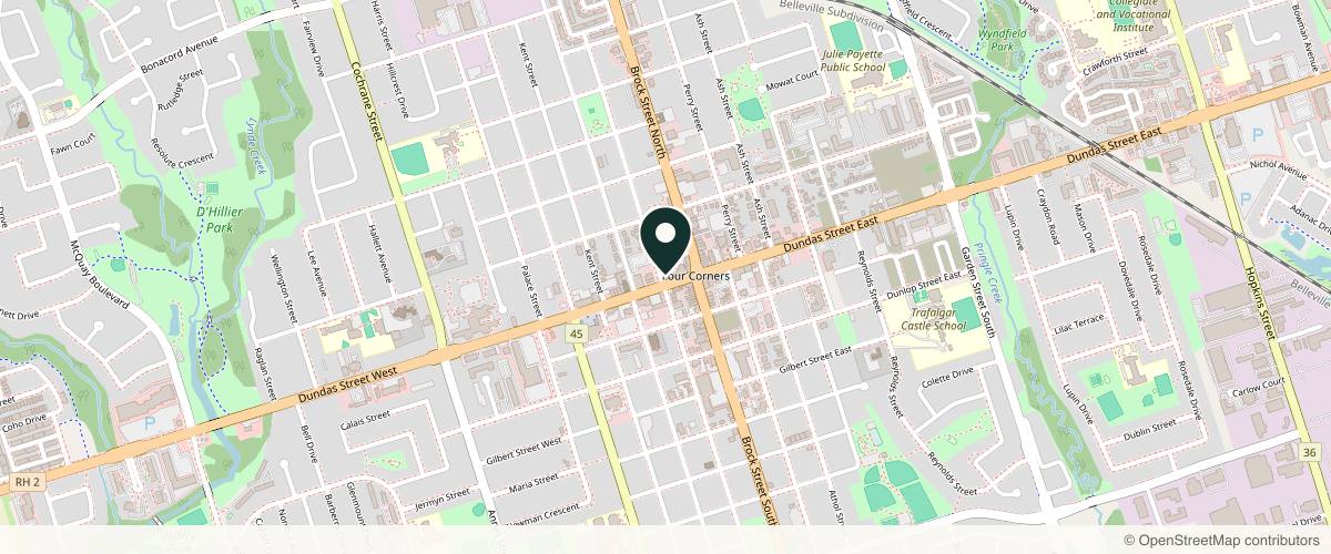 Map showing the exact location of Intricate Aesthetics at 132 Dundas St W, Whitby, ON L1N 0E5, Canada
