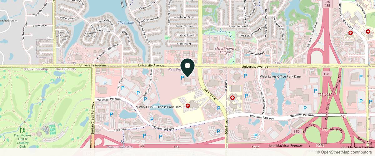 Map showing the exact location of Iowa Dermatology Clinic, LLC at 6000 University Ave Ste 350, West Des Moines, IA 50266
