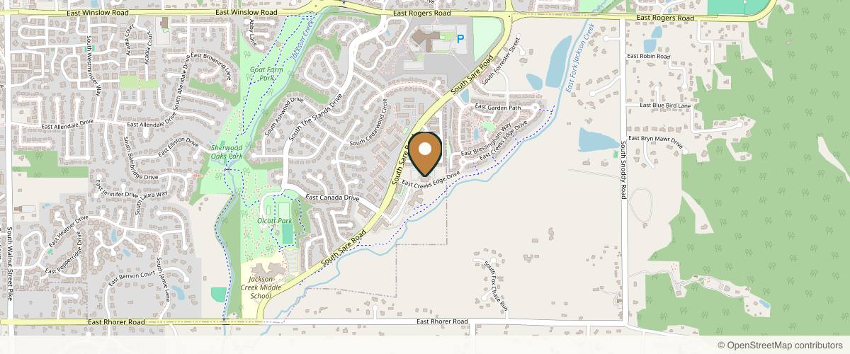 Map showing the exact location of IU Health Plastic & Reconstructive Surgery - Bloomington at 2605 E Creeks Edge Dr, Bloomington, IN 47401, USA
