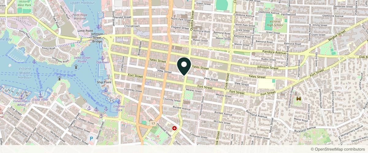 Map showing the exact location of Japanese Head Spa by Ana at LEVEL UP SALON SUITS, 1128 Quadra St, Victoria, BC V8W 2K5, Canada