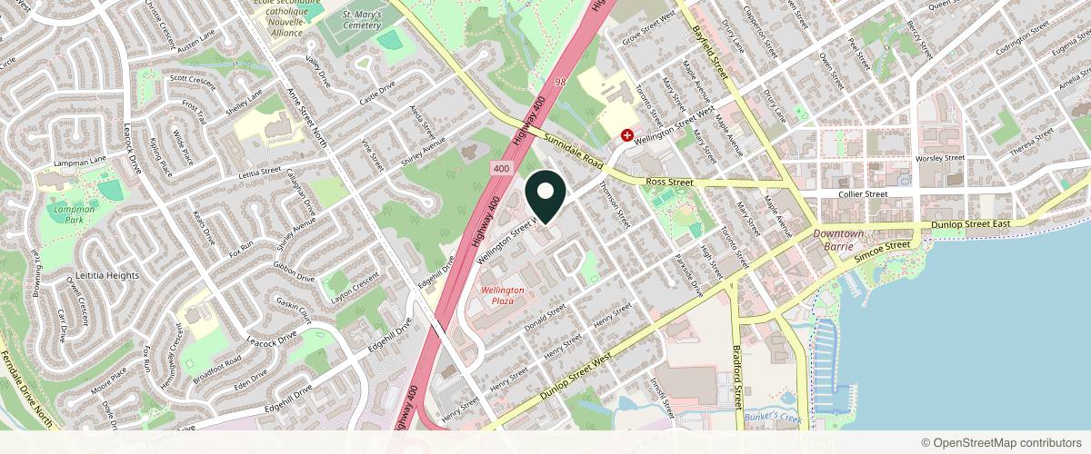 Map showing the exact location of Jeune et Jolie Medispa at 121 Wellington St W Ste 203, Barrie, ON L4N 1L2, Canada
