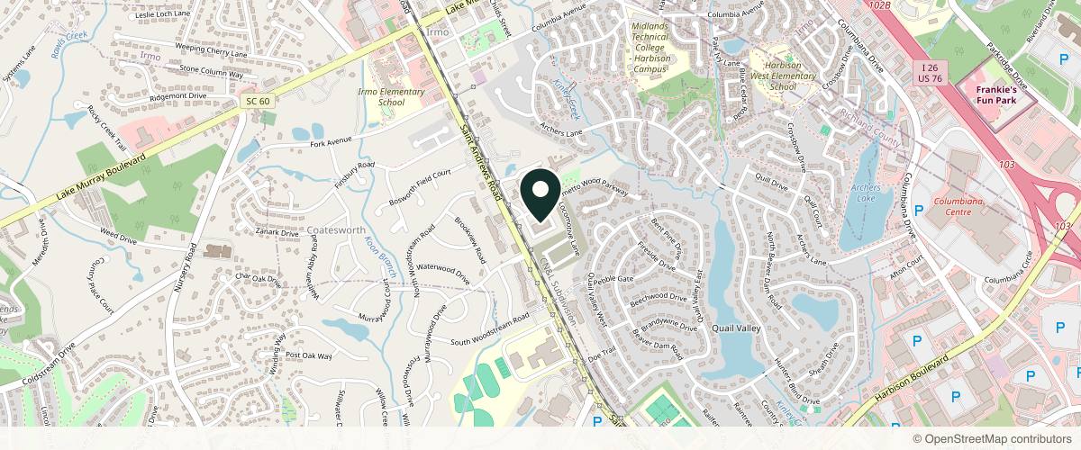 Map showing the exact location of John A. Mouzakis, MD at 1 Wellness Blvd Ste 109, Irmo, SC 29063