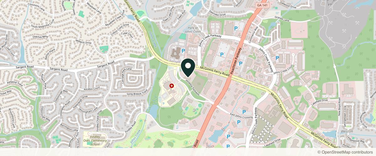 Map showing the exact location of Johns Creek Dermatology at 6300 Hospital Pkwy Ste 100, Johns Creek, GA 30097