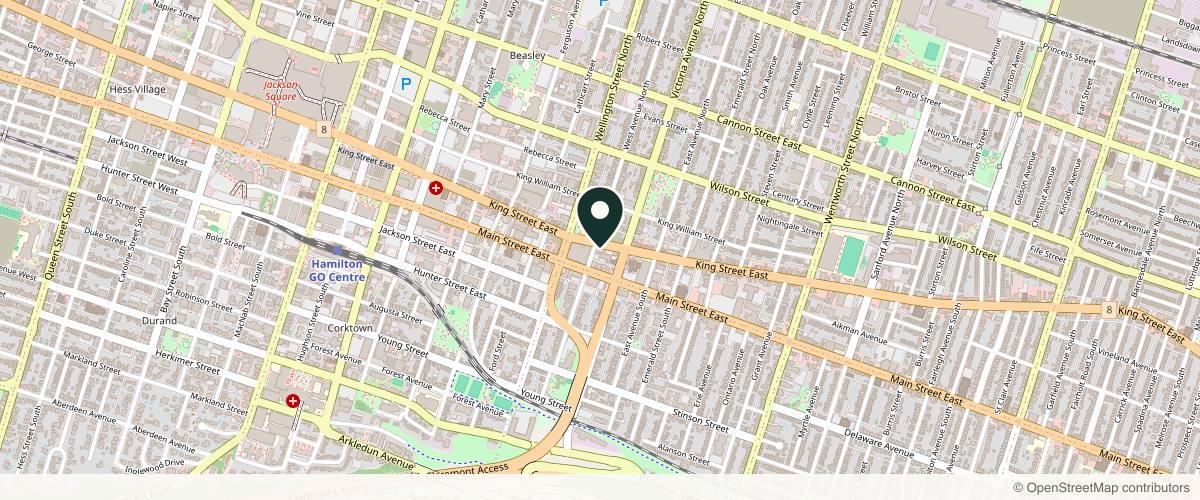 Map showing the exact location of Joie Day Spa | Laser Hair Removal | Skin Rejuvenation | Hamilton at 374 King St E, Hamilton, ON L8N 1C3, Canada