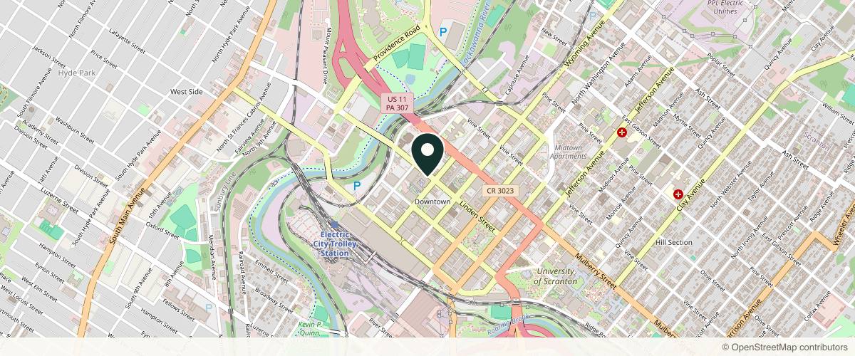Map showing the exact location of JUST AESTHETIC NURSING at 222 Linden St, Scranton, PA 18503, USA
