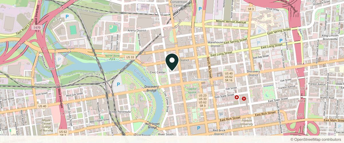 Map showing the exact location of Juvly Aesthetics at 40 W Gay St, Columbus, OH 43215, USA