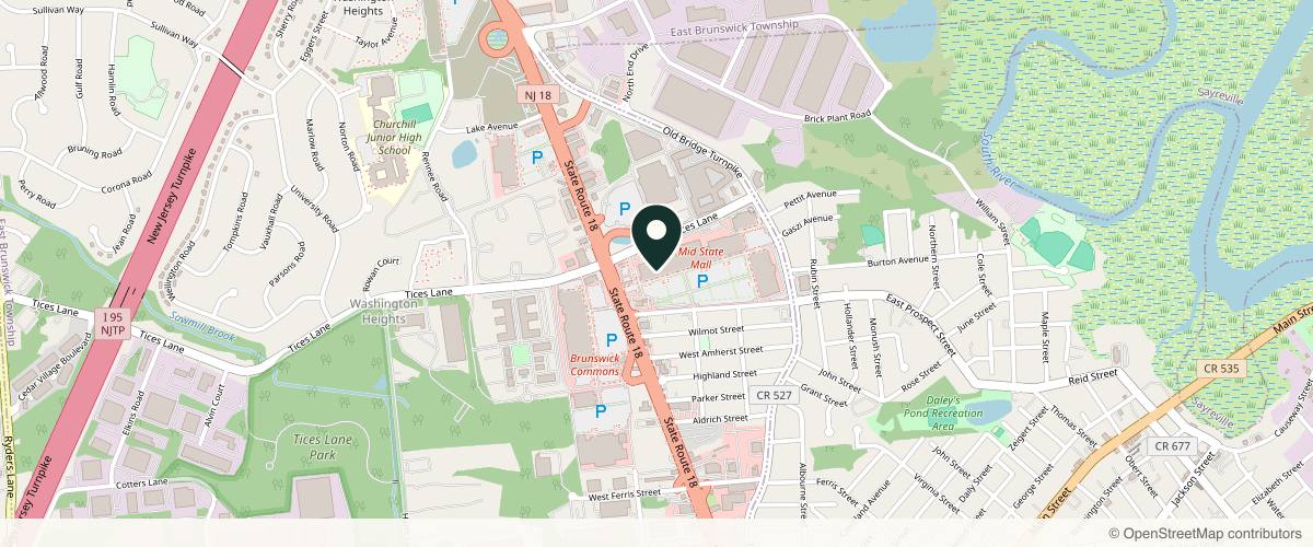 Map showing the exact location of K Aesthetics & Wellness at Phenix Salon Suites, 300 NJ-18 Ste 346, East Brunswick, NJ 08816, USA