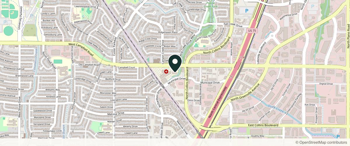 Map showing the exact location of K Dermatology & Wellness Institute | Dr. Angie Koriakos | Richardson Dermatology at 399 W Campbell Rd Ste 410, Richardson, TX 75080