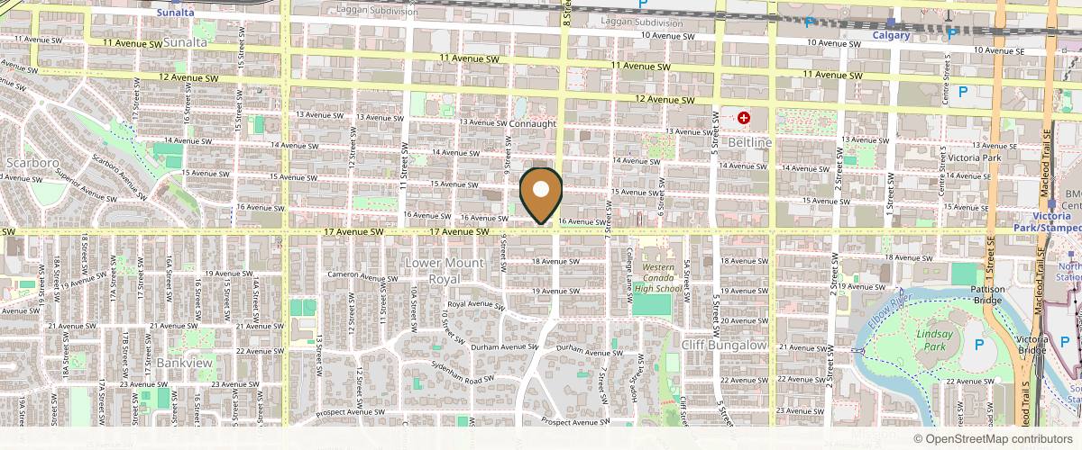 Map showing the exact location of Kane Medical Aesthetics at 908 17 Ave SW #212, Calgary, AB T2T 0A3, Canada