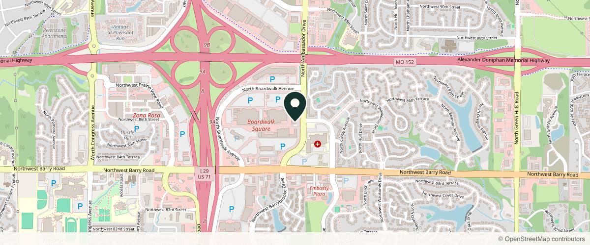 Map showing the exact location of Kansas City Skin & Cancer Center at 8656 N Ambassador Dr, Kansas City, MO 64154