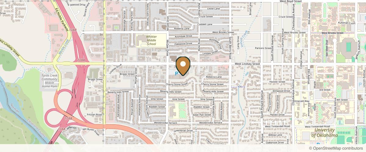 Map showing the exact location of Karen Barbalace Aesthetics at 1636 W Lindsey St, Norman, OK 73069, USA