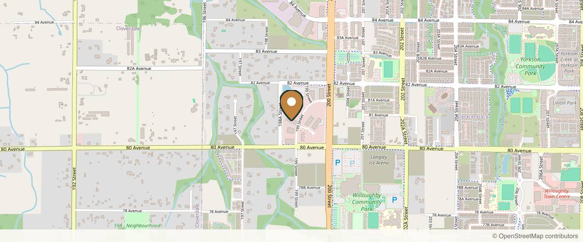Map showing the exact location of Kash Aesthetics & Medical Spa at 8063 199 St #320, Langley Twp, BC V2Y 0E2, Canada