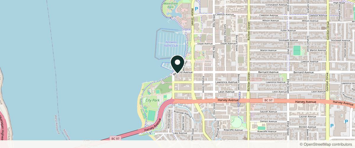Map showing the exact location of Kelowna Medical Aesthetics & Wellness Clinic at 223 Bernard Ave, Kelowna, BC V1Y 6N2, Canada