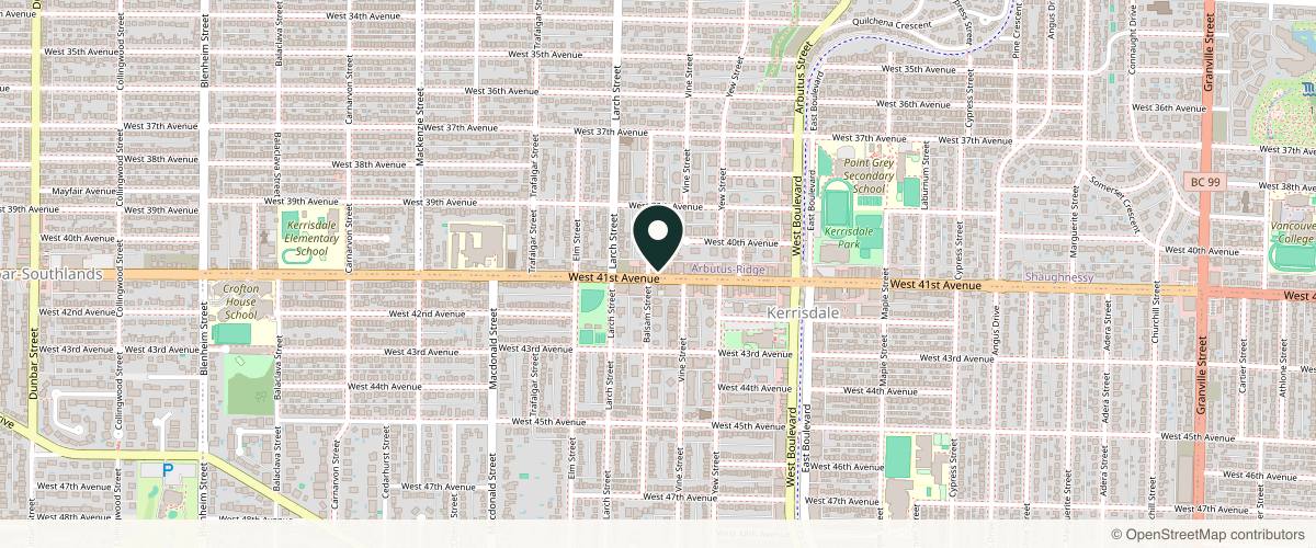 Map showing the exact location of Kerrisdale Skin Medical at 2363 W 41st Ave, Vancouver, BC V6M 2A3, Canada