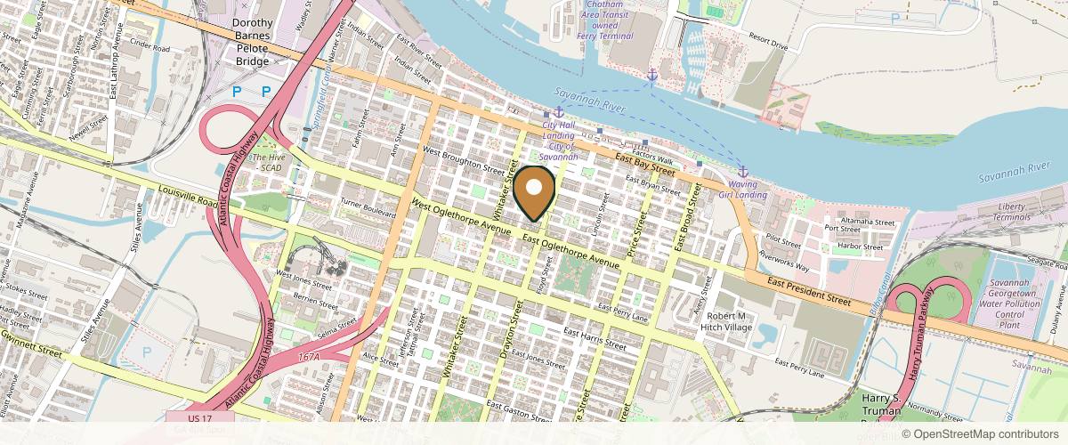 Map showing the exact location of Kessinger Aesthetic Dermatology at 13 E York St, Savannah, GA 31401, USA