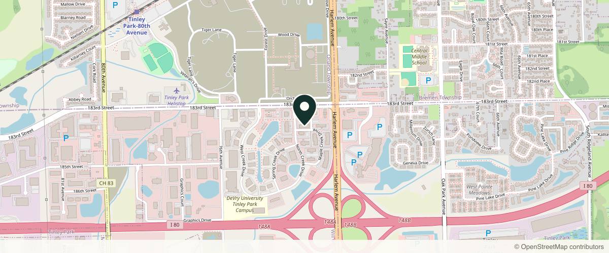 Map showing the exact location of Kiss Aesthetics at 18311 N Creek Dr, Tinley Park, IL 60477, USA