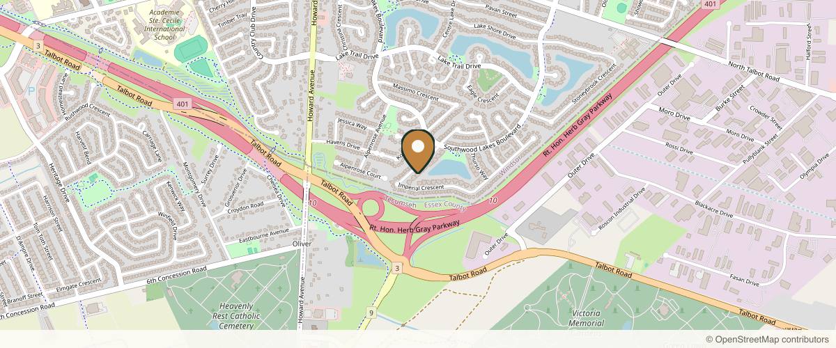 Map showing the exact location of Kiss Medical Aesthetics Inc. at 1081 Imperial Crescent, Windsor, ON N9G 2T4, Canada