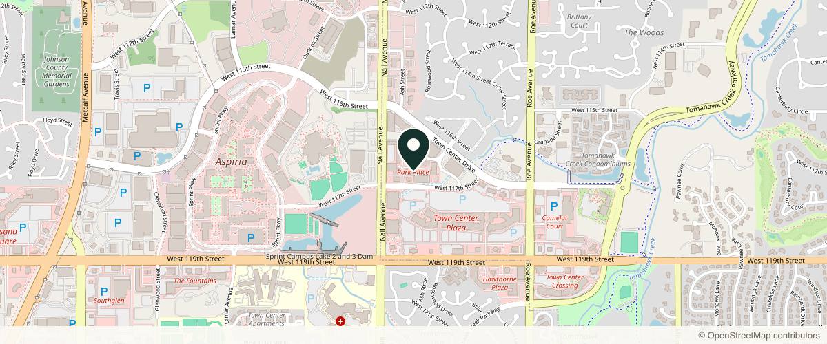 Map showing the exact location of KMC MedSpa Park Place at 5265 W 116th Pl, Leawood, KS 66211, USA