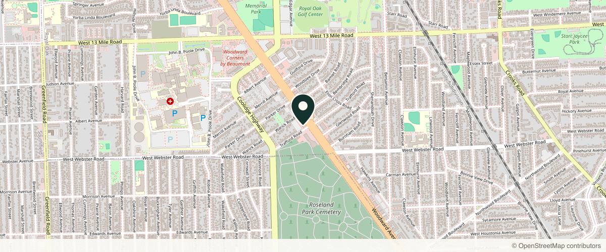 Map showing the exact location of Koger Dermatology at 30301 Woodward Ave #120, Royal Oak, MI 48073