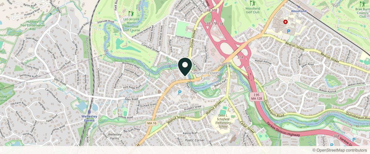 Map showing the exact location of Krauss Dermatology at 1 Washington St #401, Wellesley, MA 02481