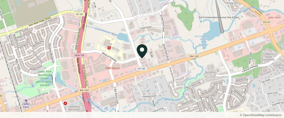 Map showing the exact location of L-Aesthetics at 1120 Cottonwood Creek Trail Ste 180b, Cedar Park, TX 78613, USA