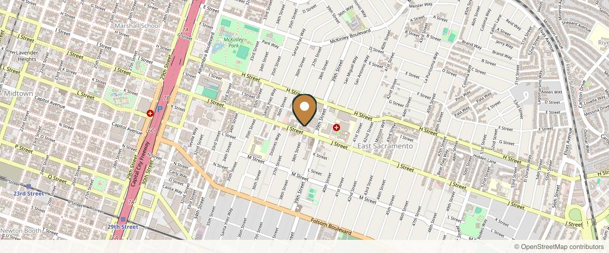 Map showing the exact location of Laser & Skin Surgery Center of Northern California at 3835 J St, Sacramento, CA 95816, USA